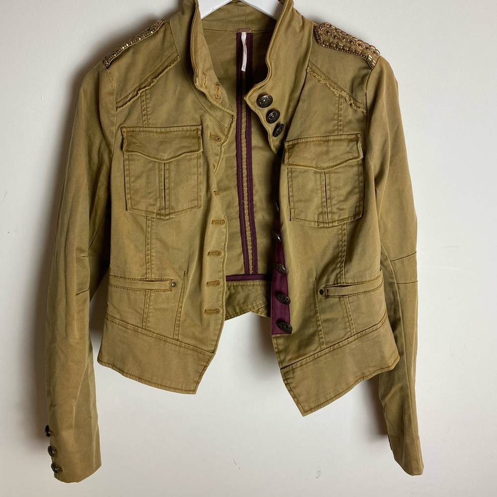 FREE PEOPLE beaded tan military jacket